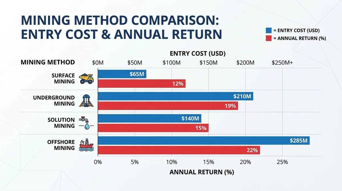Wide 16:9 horizontal bar chart comparing four mining methods, x-axis labeled 'Mining Method', y-axis labeled 'Entry Cost (USD