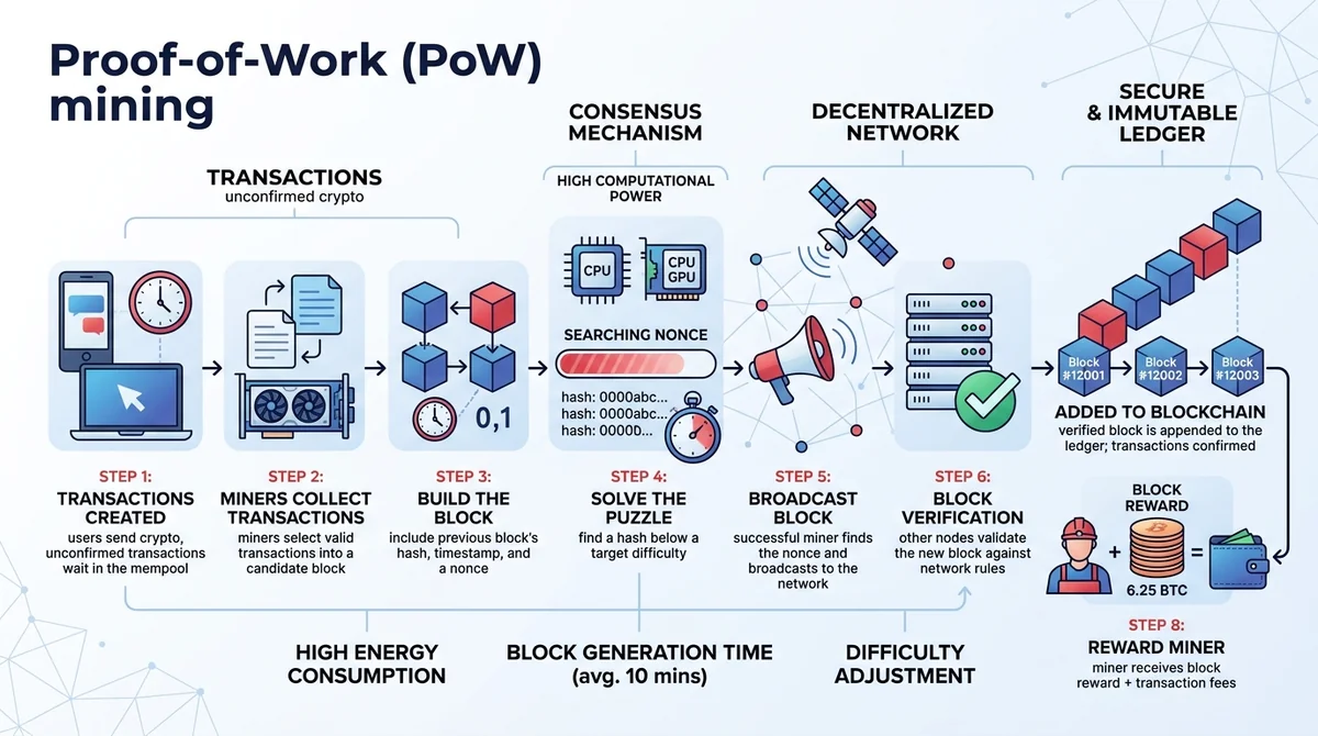 Wide 16:9 horizontal infographic showing the PoW mining process as a flow diagram with icons, each step labeled in English, k