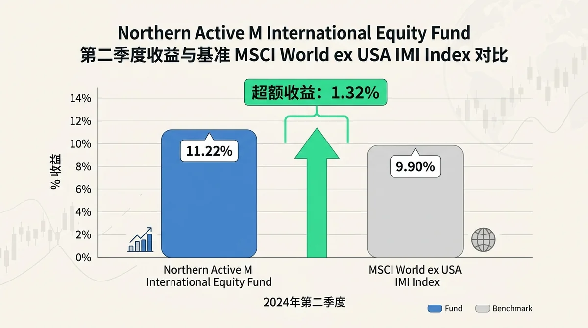 Northern Active M International Equity Fund 第二季度收益与基准 MSCI World ex USA IM Index 对比柱状图，标注具体数值 11.22% 和 9.90%，并突出 1.32% 的超额收益