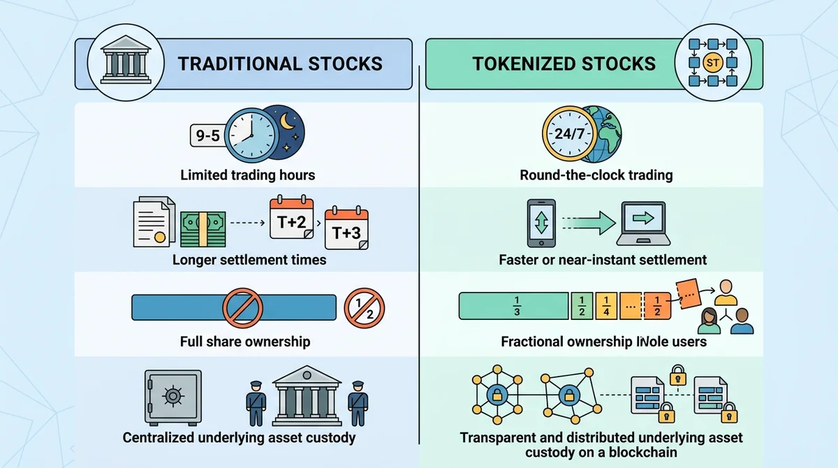 Comparison between tokenized stocks and traditional stocks: trading hours, settlement time, fractional ownership, underlying