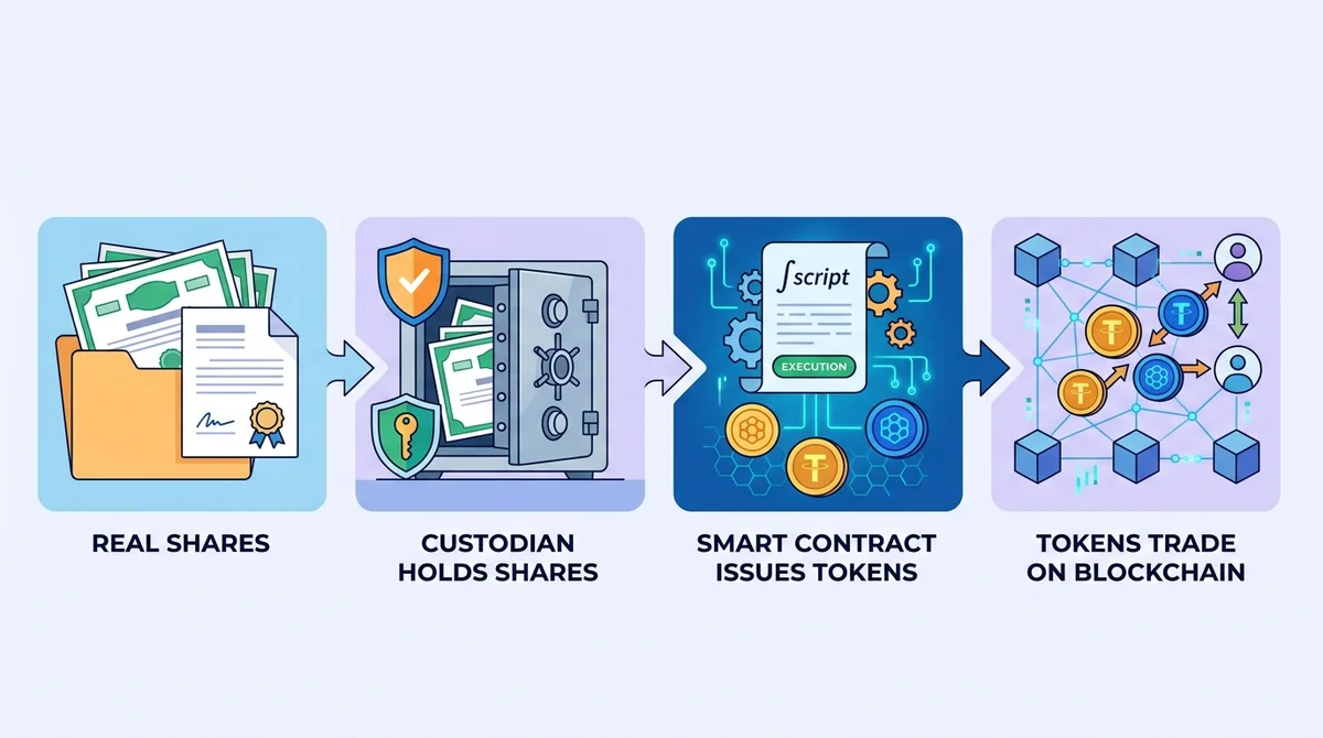 Step-by-step diagram of the tokenization process: real shares → custodian holds shares → smart contract issues tokens → token