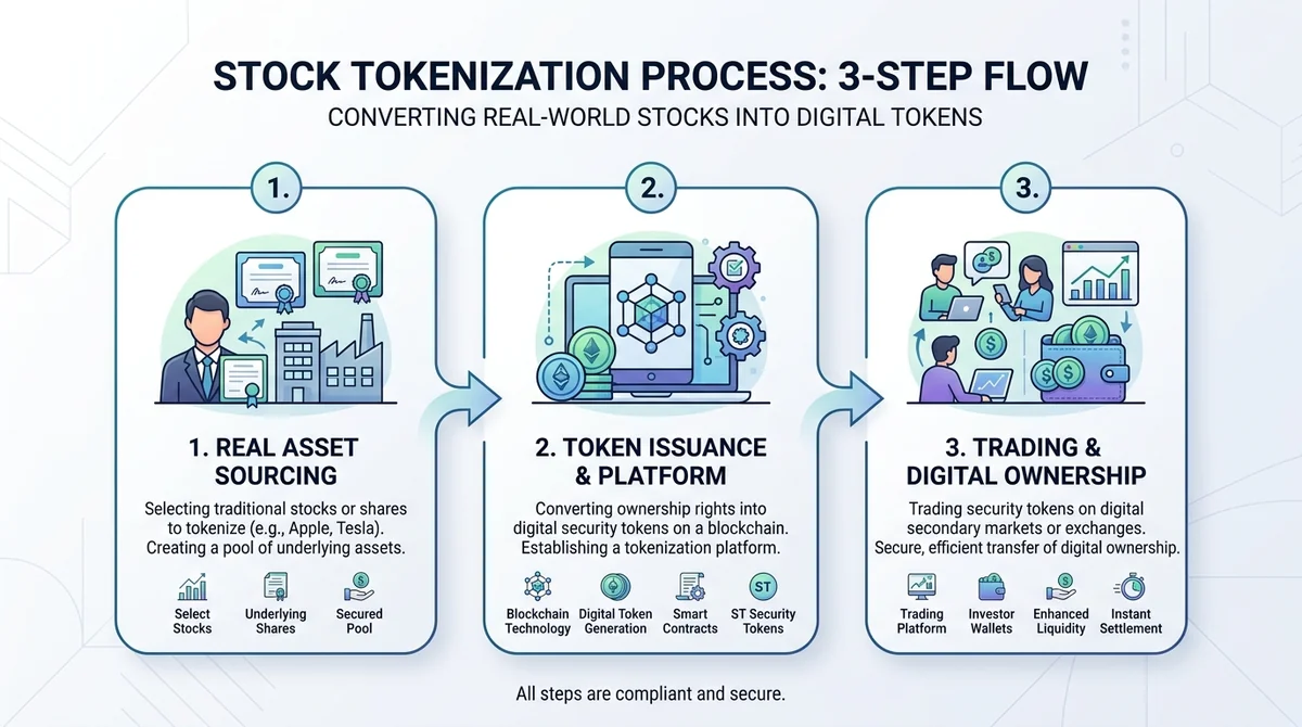 Horizontal infographic showing 3-step flow of stock tokenization process, numbered steps with icons, clean flat design, Engli