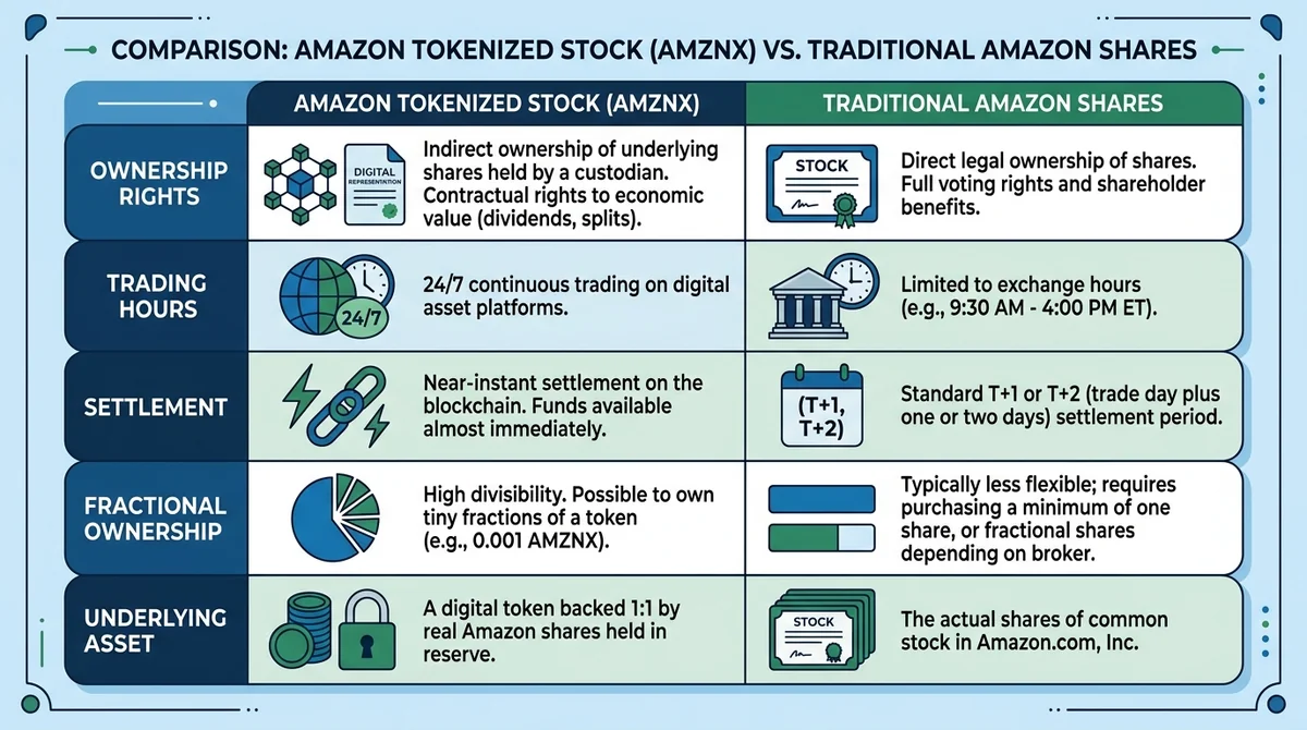 Comparison chart showing key differences between Amazon tokenized stock (AMZNX) and traditional Amazon shares. Table or side-