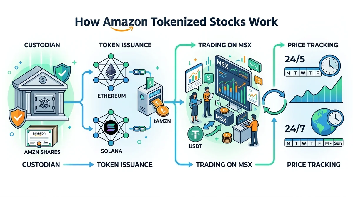 Infographic explaining how Amazon tokenized stock works: flow from custodian holding AMZN shares to token issuance on Solana/