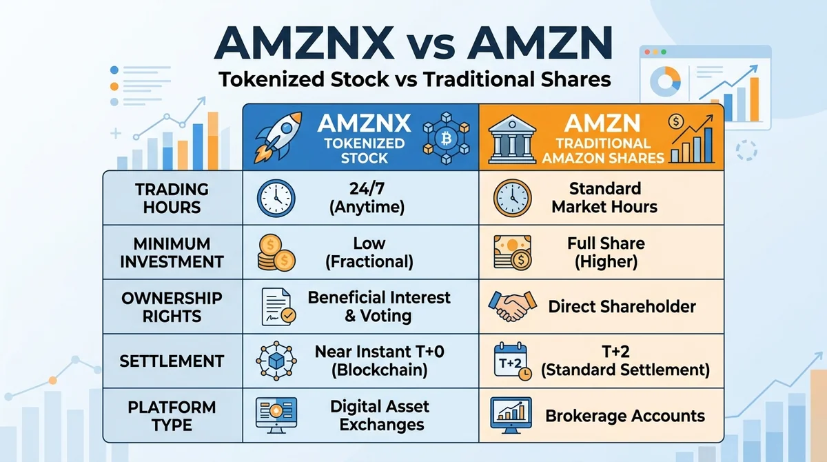 Wide 16:9 horizontal comparison chart, table format, AMZNX tokenized stock vs traditional Amazon shares, rows for trading hou