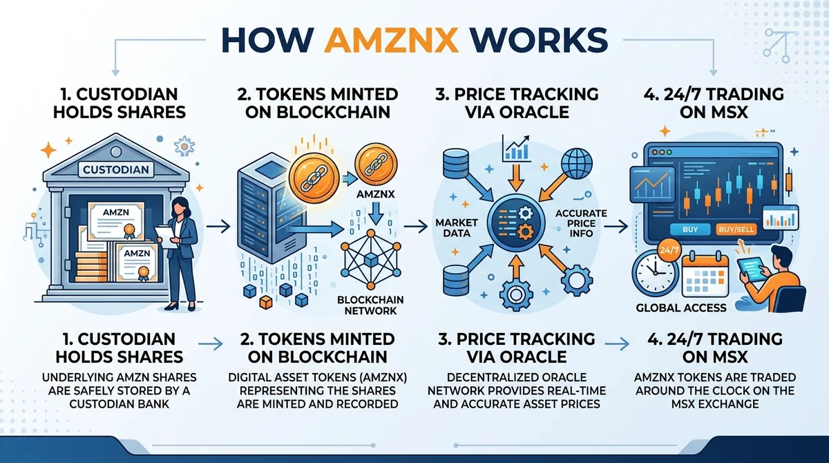 Wide 16:9 horizontal infographic, 4-step flow diagram, custodian holding AMZN shares, tokens minted on blockchain, price trac