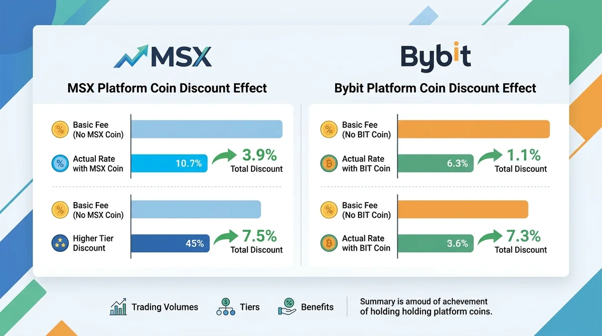 平台币折扣叠加效果对比图:展示MSX与Bybit在持有平台币后的实际综合费率,与不持有平台币的基础费率形成对比,强调折扣幅度差异