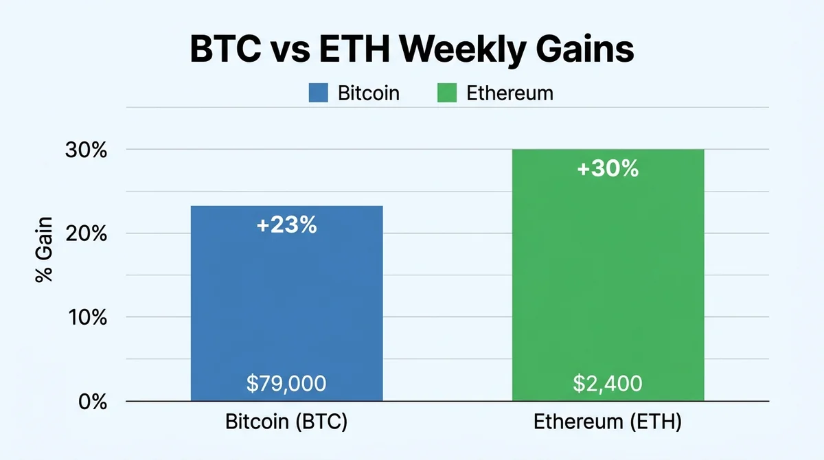 Wide 16:9 horizontal bar chart, comparing Bitcoin and Ethereum weekly performance, bars showing +23% and +30% gains, labels i