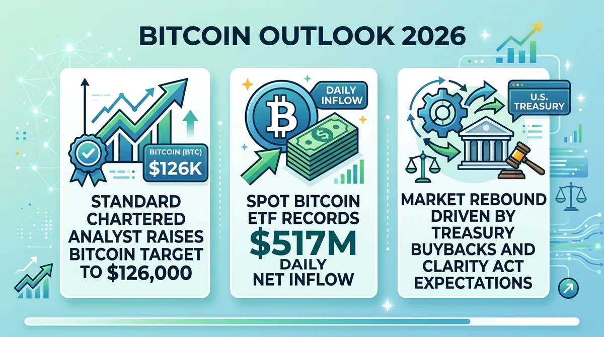 Wide 16:9 horizontal infographic, three key points with icons: 1) Standard Chartered analyst raises Bitcoin target to $126,00