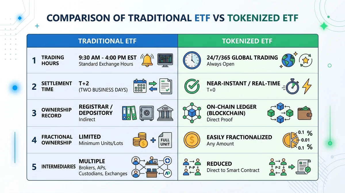 Comparison table of traditional ETF vs tokenized ETF: trading hours, settlement time, ownership record, fractional ownership,
