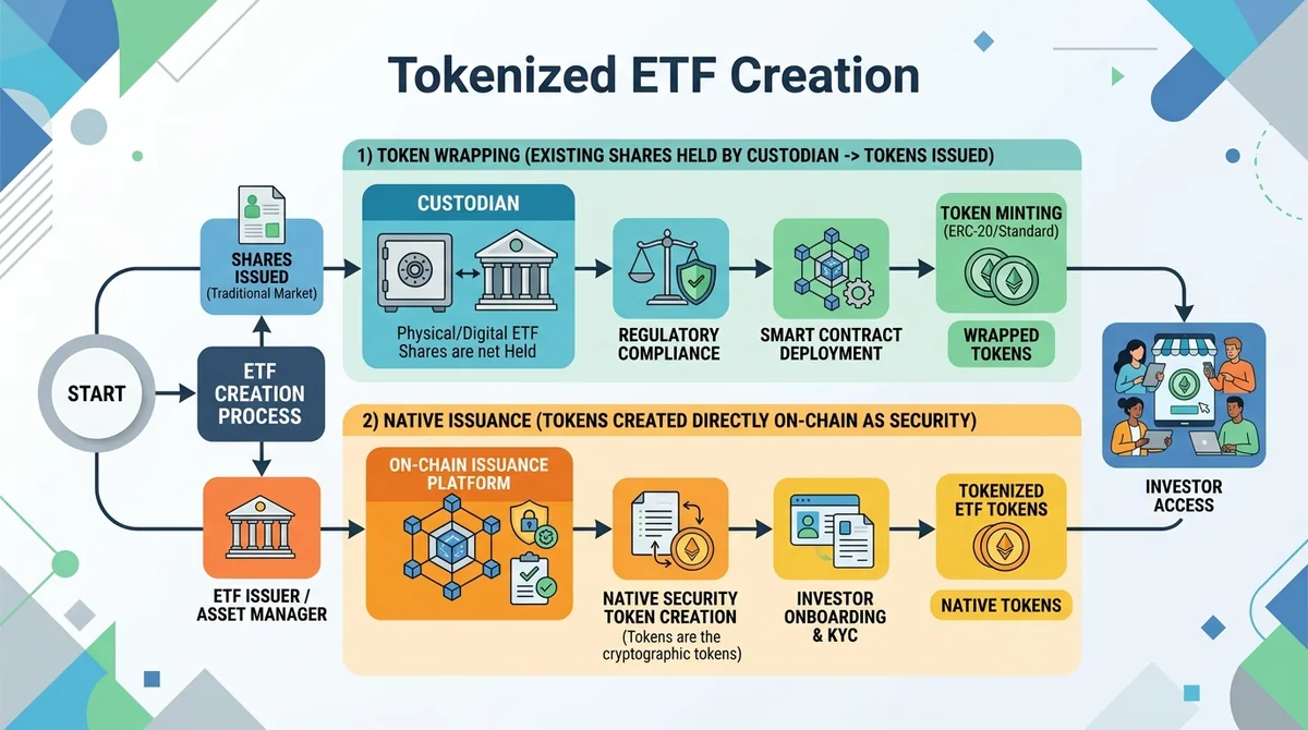 Flowchart showing two paths of tokenized ETF creation: token wrapping (existing shares held by custodian -> tokens issued) an
