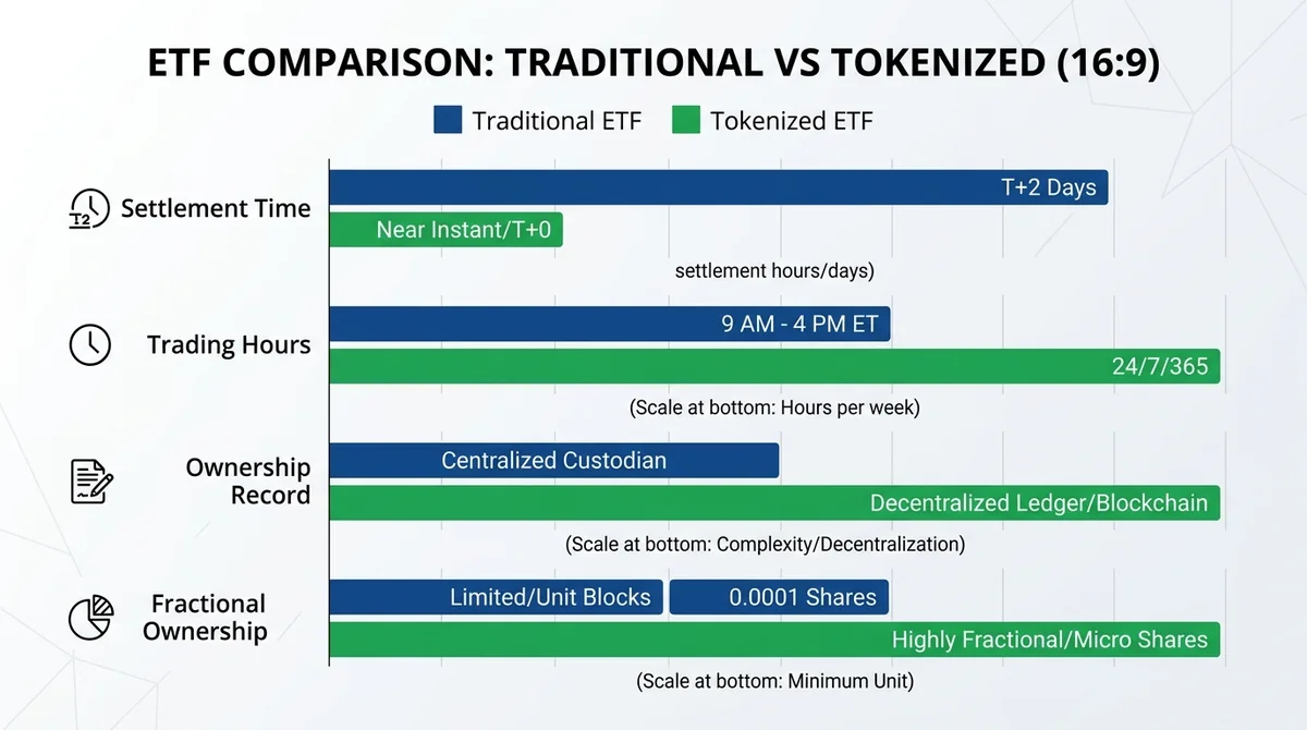 Wide 16:9 horizontal bar chart comparing traditional ETF vs tokenized ETF across four features: settlement time, trading hour