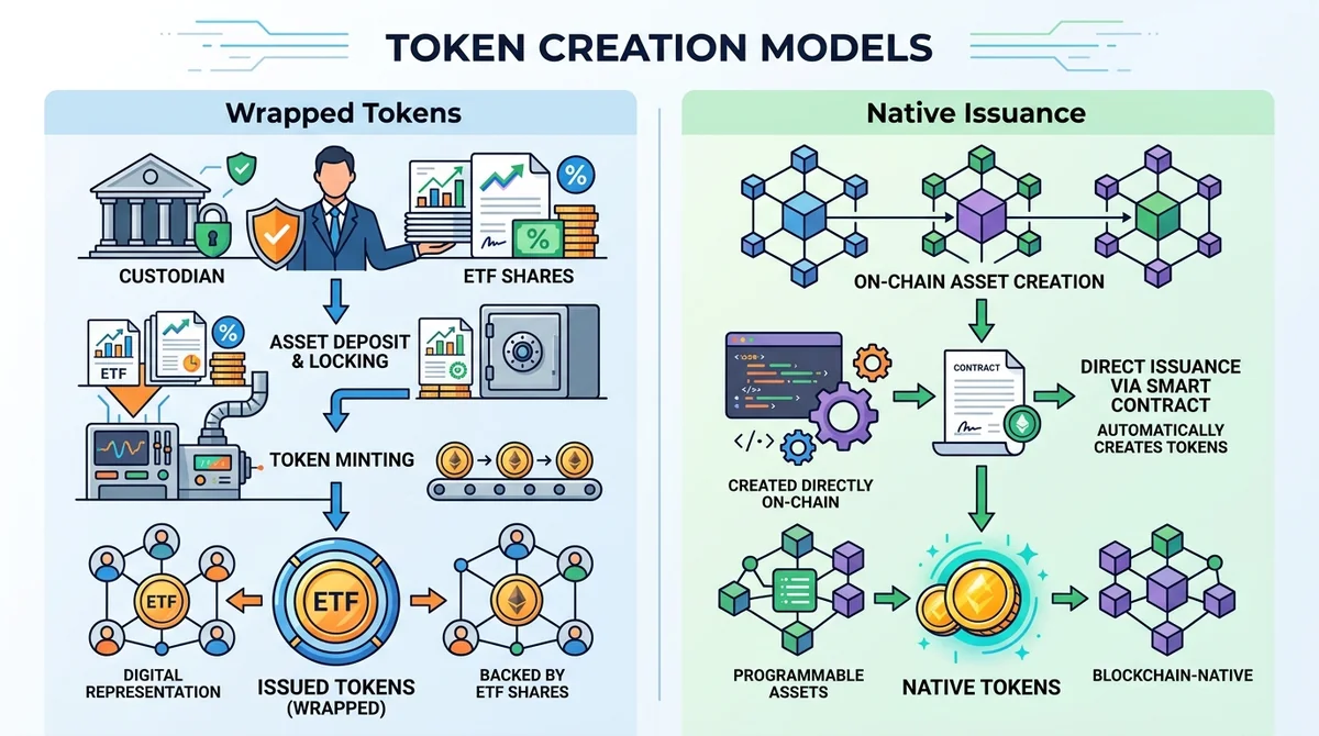 Wide 16:9 horizontal infographic with two side-by-side flow diagrams: left 'Wrapped Tokens' showing custodian holding ETF sha