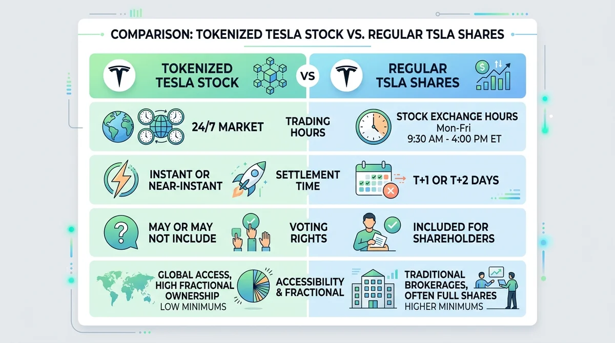 Comparison table highlighting differences between tokenized Tesla stock and regular TSLA shares, including trading hours, set