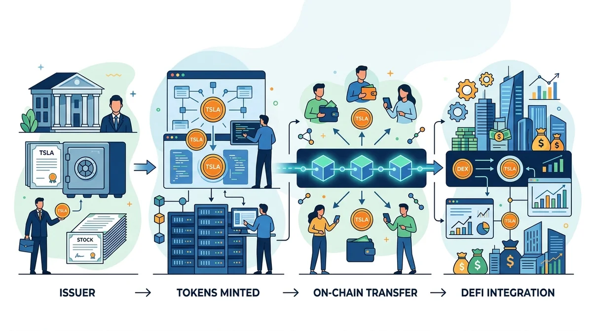 Step-by-step infographic showing how tokenized Tesla stock works: issuer holds shares, tokens minted, on-chain transfer, DeFi