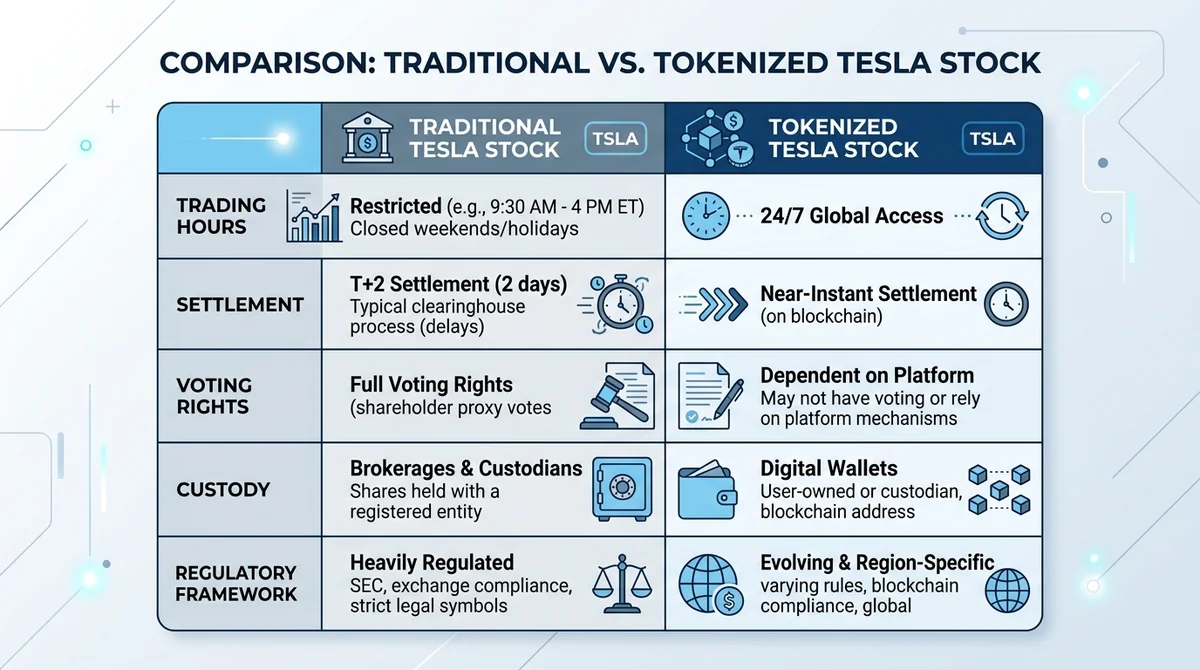 Wide 16:9 horizontal comparison table infographic, two columns labeled 'Traditional Tesla Stock' and 'Tokenized Tesla Stock',
