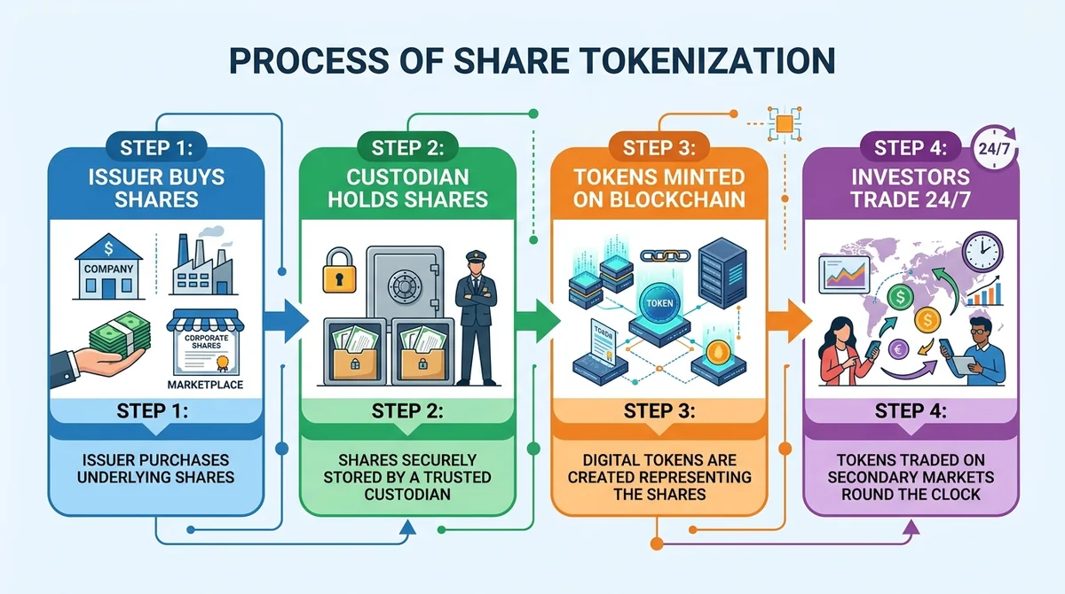 Wide 16:9 horizontal flow diagram infographic, four connected steps with icons: issuer buys shares, custodian holds shares, t