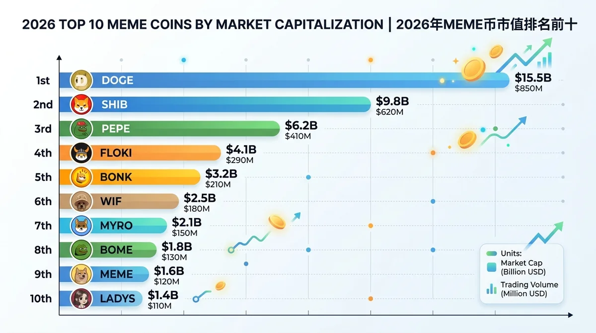 2026年Meme币市值排名前十的横向柱状图，标注各币种市值与交易量