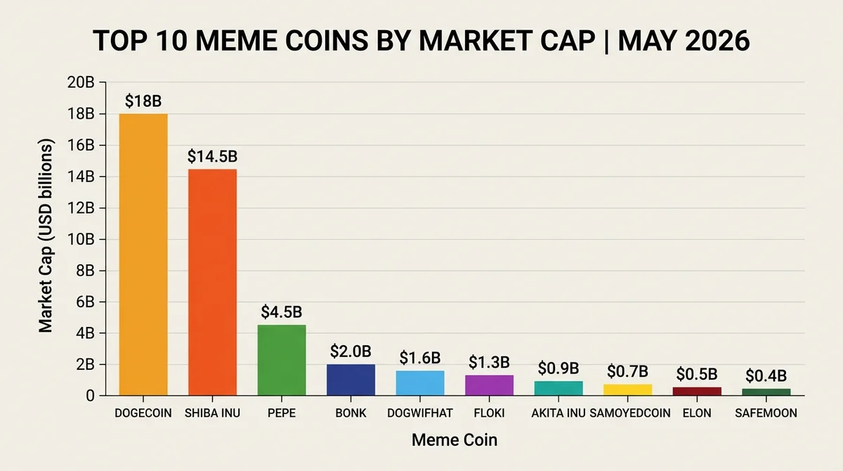 Wide 16:9 horizontal bar chart, top 10 meme coins by market cap in May 2026, Dogecoin $18B, Pepe $4.5B, Bonk $2B, Shiba Inu,