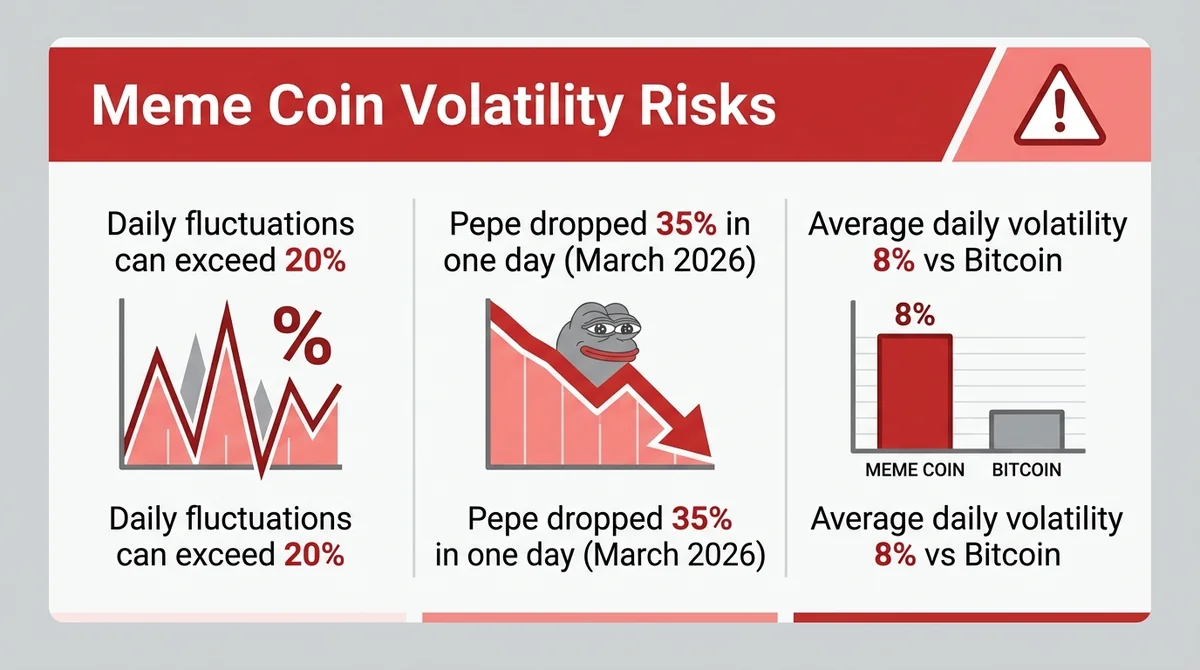 Wide 16:9 horizontal infographic, title 'Meme Coin Volatility Risks', three key statistics with icons: 'Daily fluctuations ca