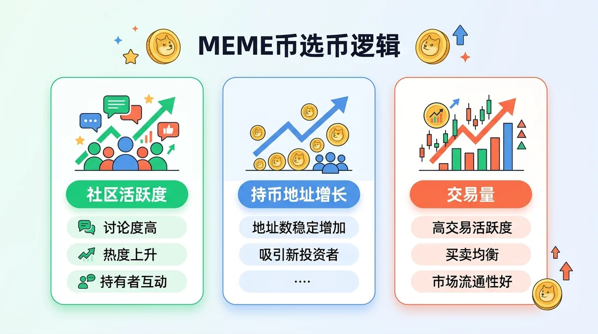 Meme币选币逻辑信息图：展示社区活跃度、持币地址增长、交易量三个核心指标，配以图标和简短说明
