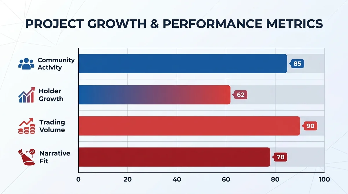 Wide 16:9 horizontal bar chart, four bars labeled 'Community Activity', 'Holder Growth', 'Trading Volume', 'Narrative Fit', e