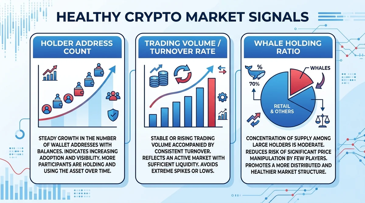 Wide 16:9 horizontal infographic, three sections labeled 'Holder Address Count', 'Trading Volume / Turnover Rate', 'Whale Hol