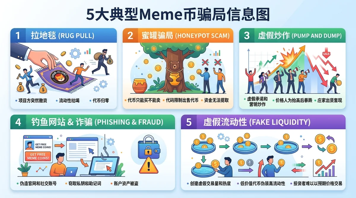 5大典型Meme币骗局信息图：用图标和简短文字说明每种骗局的运作方式与特征