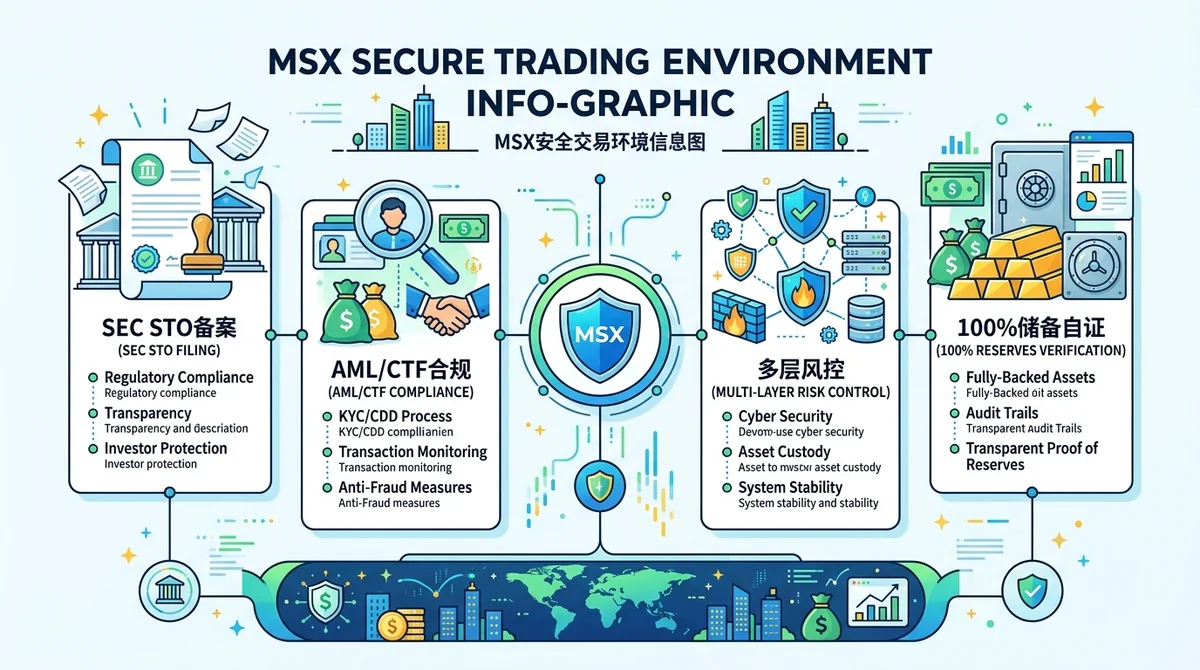 MSX安全交易环境信息图:展示SEC STO备案、AML/CTF合规、多层风控、100%储备自证等核心安全措施