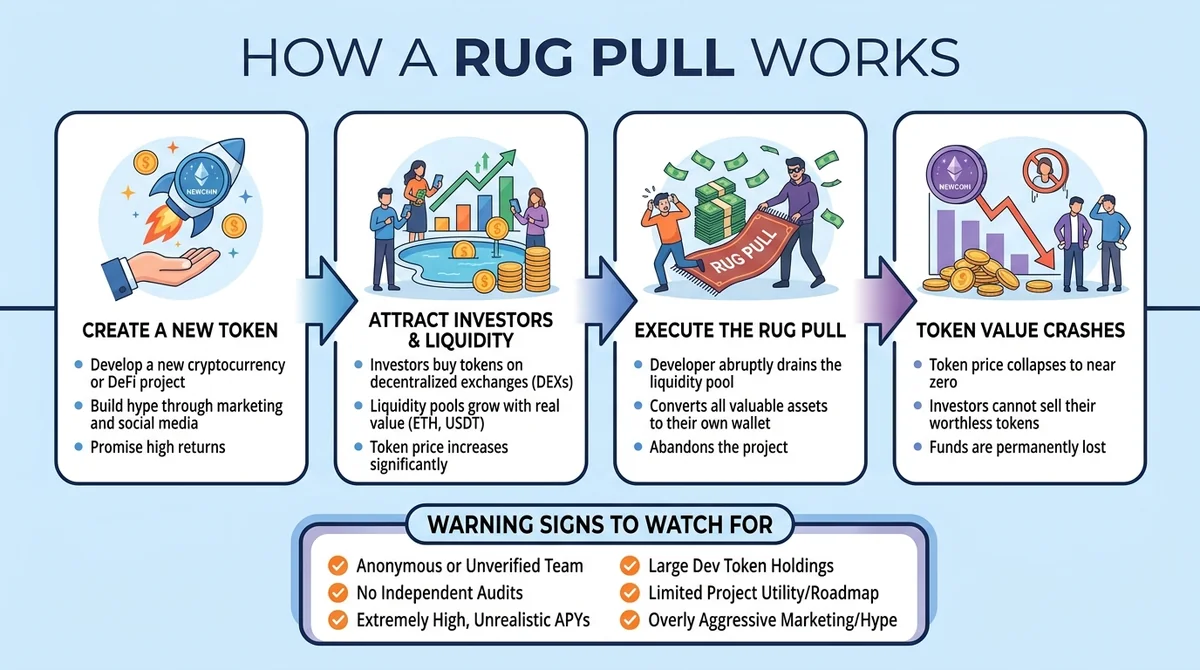 Horizontal infographic, English title 'How a Rug Pull Works', four-step flow diagram with arrows, each step labeled in Englis