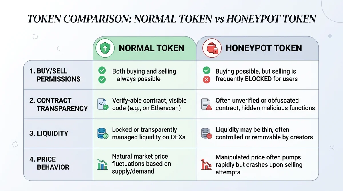 Comparison table with two columns: Normal Token vs Honeypot Token, rows for buy/sell permissions, contract transparency, liqu