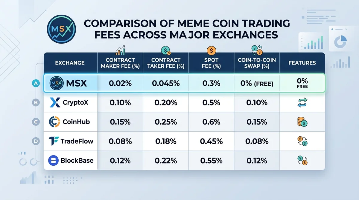 Comparison chart of meme coin trading fees across major exchanges, highlighting MSX's contract maker 0.02%, taker 0.045%, spo