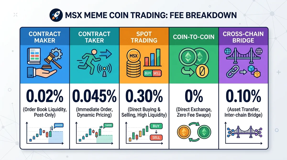 Detailed fee breakdown table for MSX meme coin trading: contract maker 0.02%, taker 0.045%, spot 0.3%, coin-to-coin 0%, cross