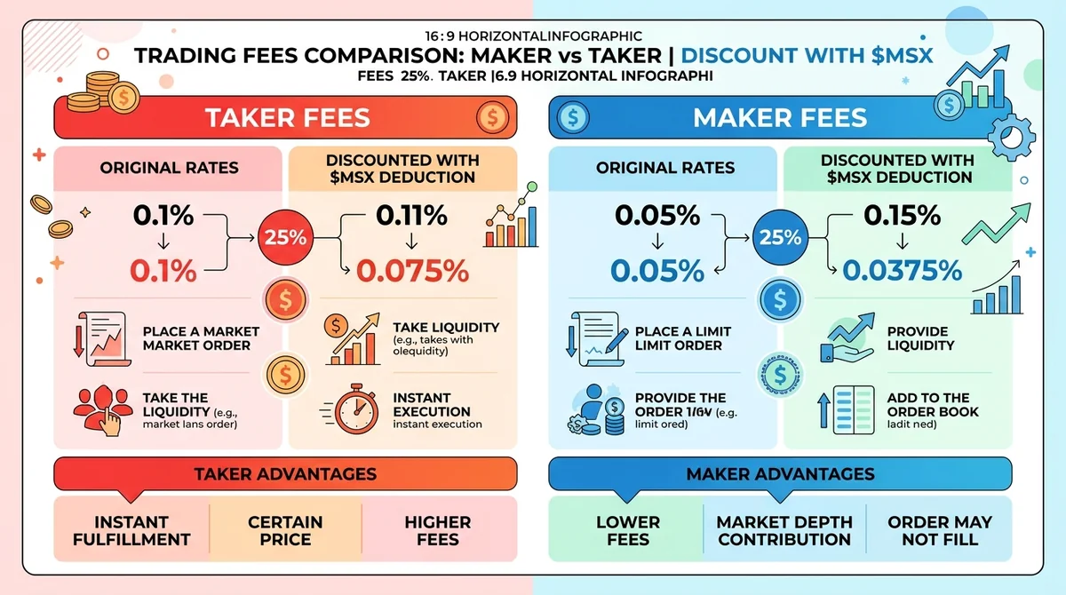Wide 16:9 horizontal infographic, two columns comparing maker and taker fees, original and discounted rates with $MSX deducti
