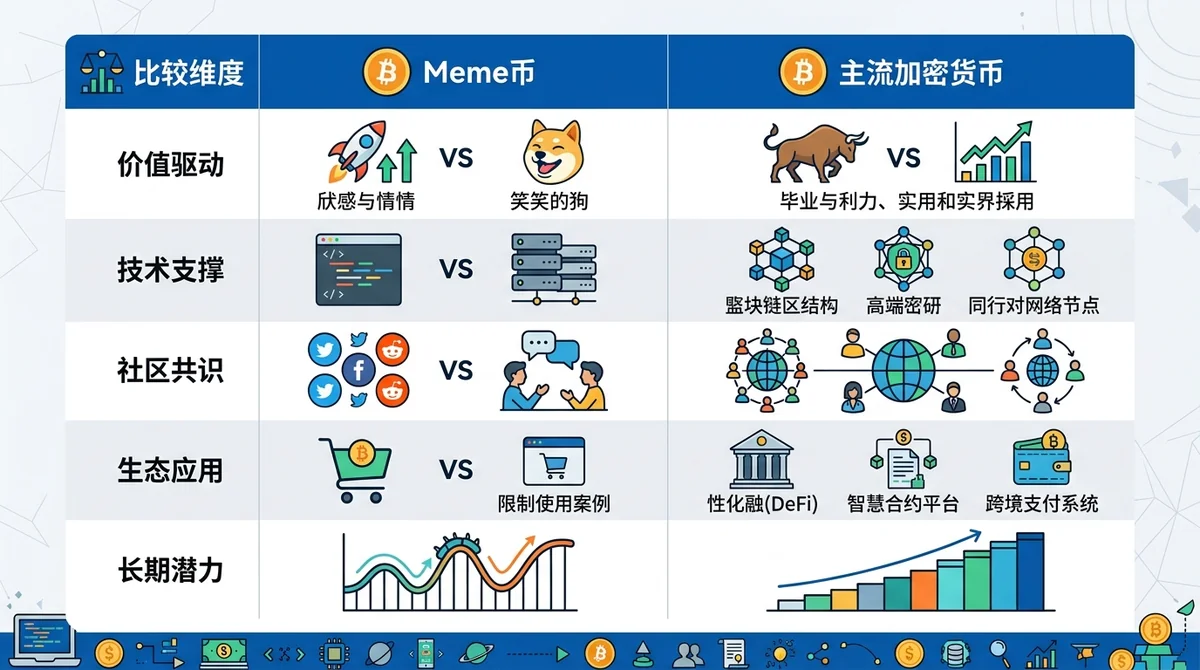 Meme币与主流加密货币对比表格，展示价值驱动、技术支撑、社区共识等维度差异
