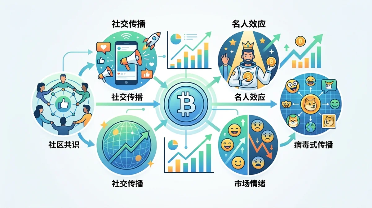 Meme币价值驱动因素信息图:展示社区共识、社交传播、名人效应、市场情绪等关键因素及其影响路径
