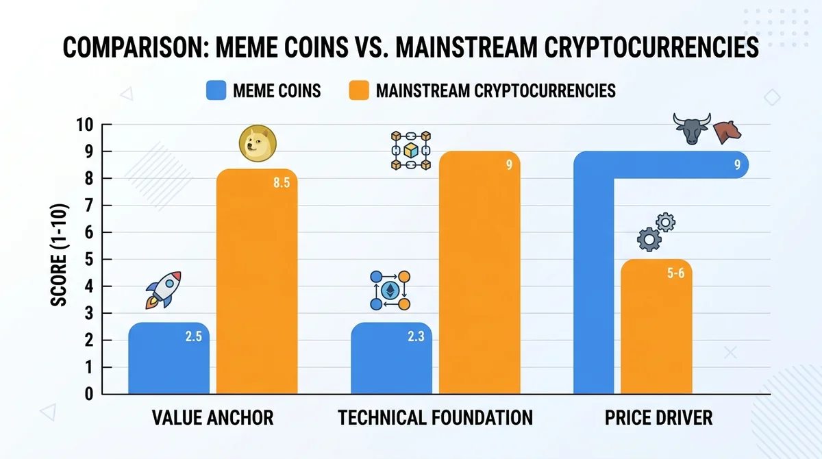 Wide 16:9 horizontal bar chart comparing meme coins and mainstream cryptocurrencies, three grouped bars for value anchor, tec