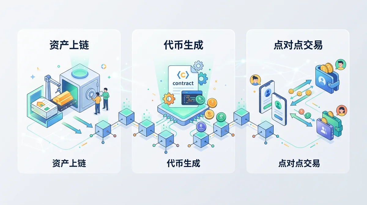 智能合约在区块链上发行代币的流程示意图：展示资产上链、代币生成、点对点交易三个步骤
