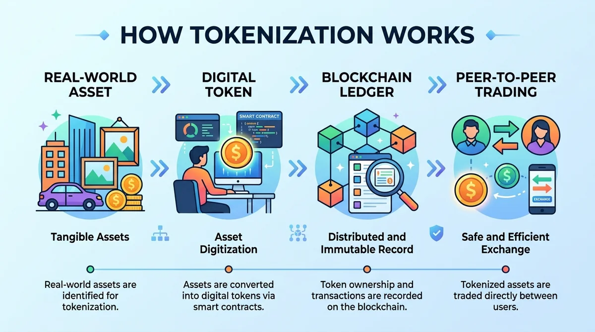 Square infographic, clean flat design, four-step flow from real-world asset to digital token to blockchain ledger to peer-to-