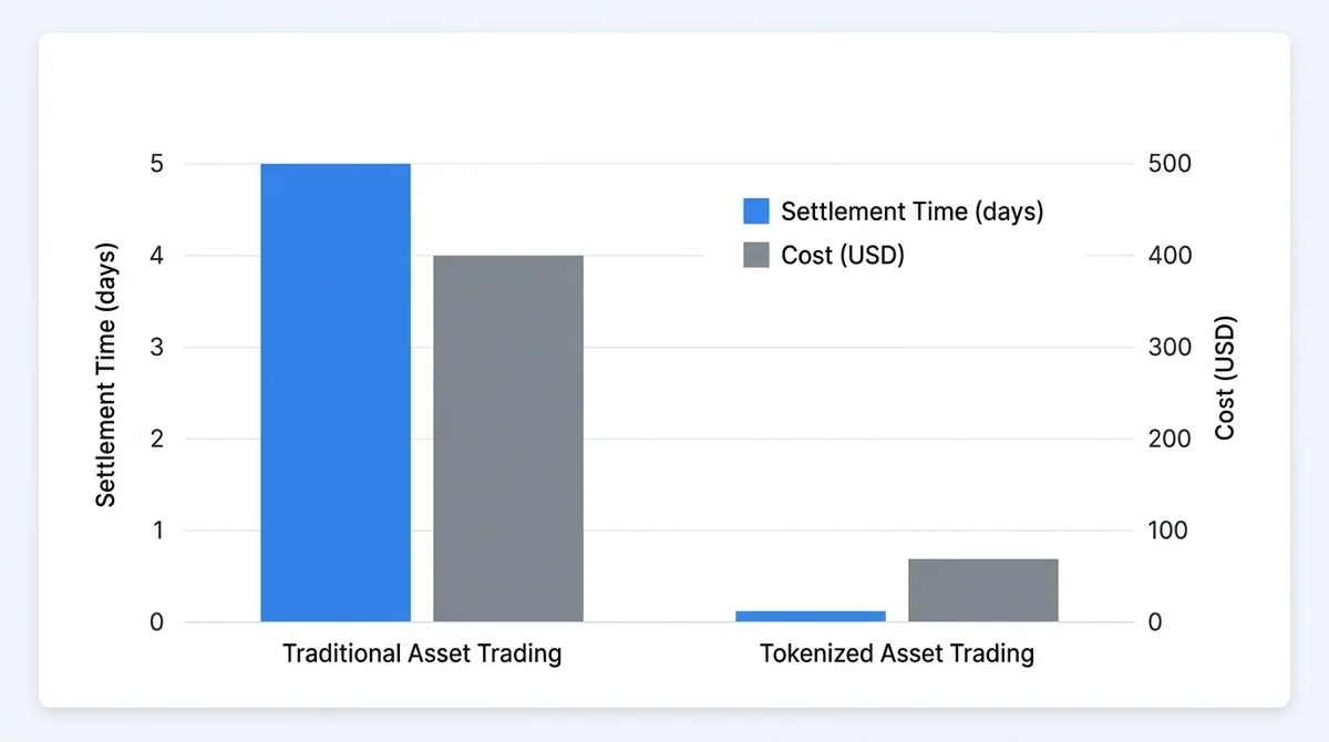 Bar chart comparing settlement time and cost between traditional asset trading and tokenized asset trading, clean flat design