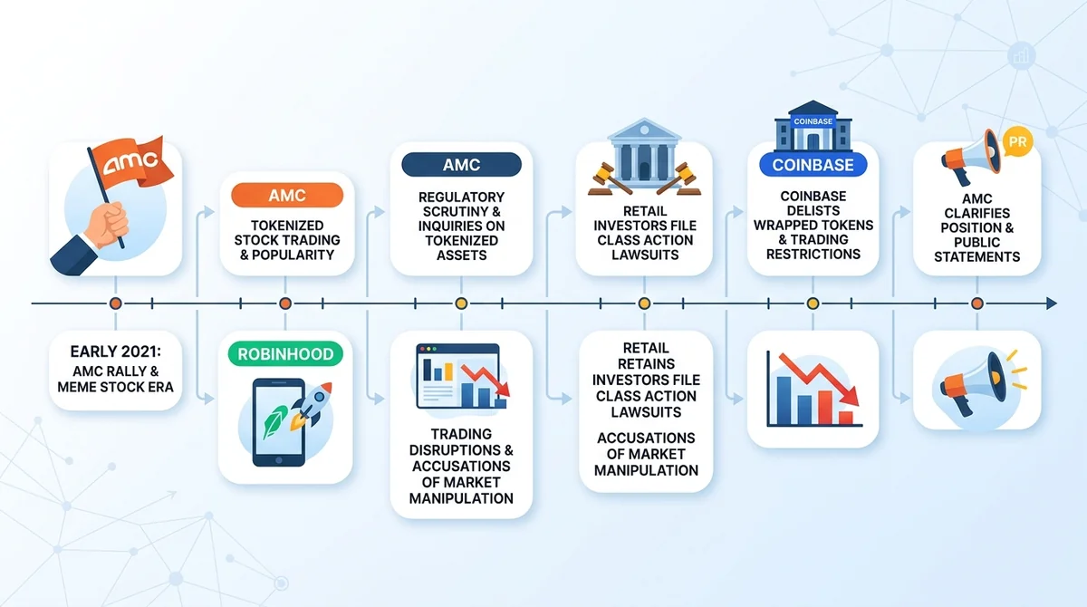 Timeline of key events in the AMC tokenized stock dispute, showing dates and actions by AMC, Robinhood, and Coinbase