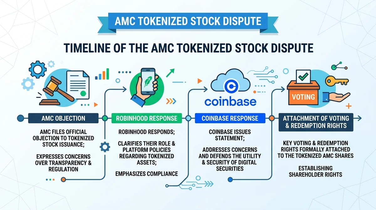 Wide 16:9 horizontal infographic timeline showing key events in the AMC tokenized stock dispute: AMC objection, Robinhood res