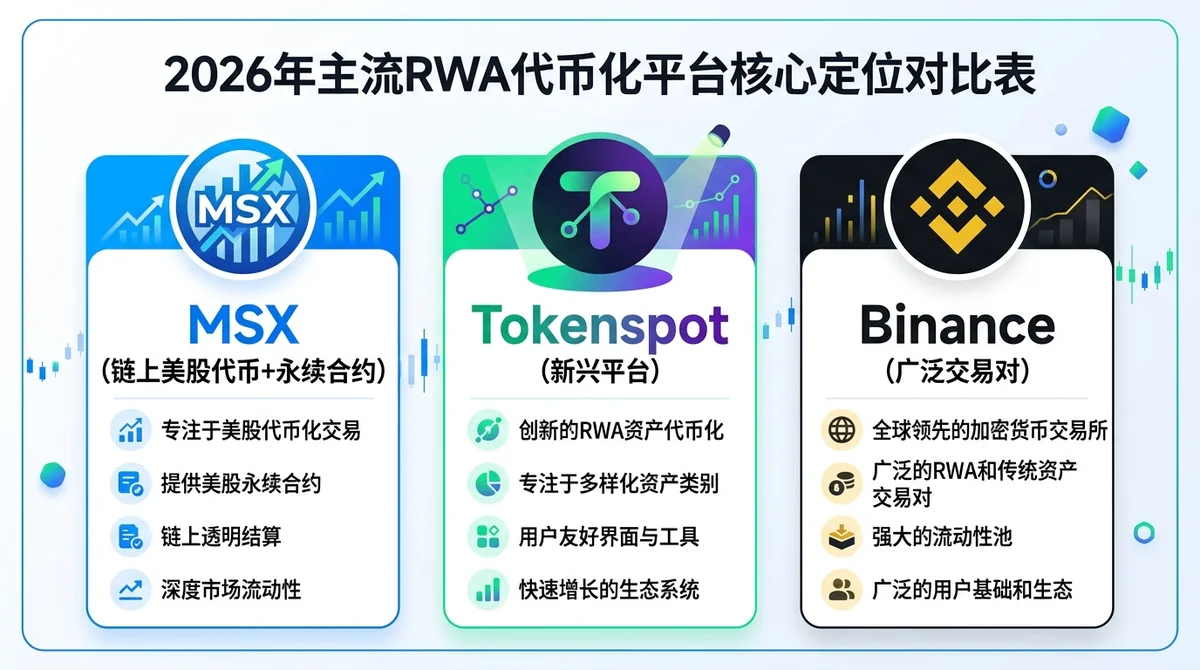 2026年主流RWA代币化平台核心定位对比表：MSX（链上美股代币+永续合约）、Tokenspot（新兴平台）、Binance（广泛交易对）
