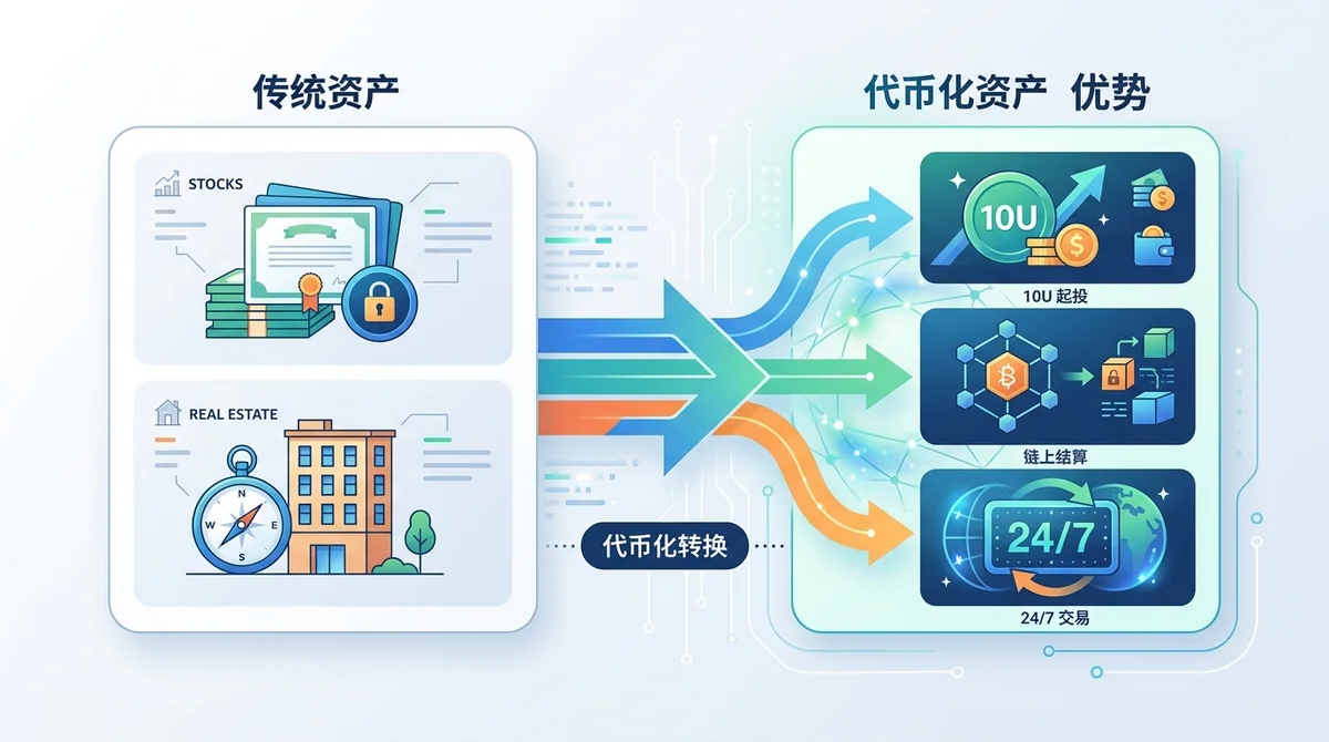 RWA代币化与传统资产对比信息图：左侧传统资产（股票、房地产）图标，右侧代币化资产优势（10U起投、链上结算、24/7交易），中间用箭头连接