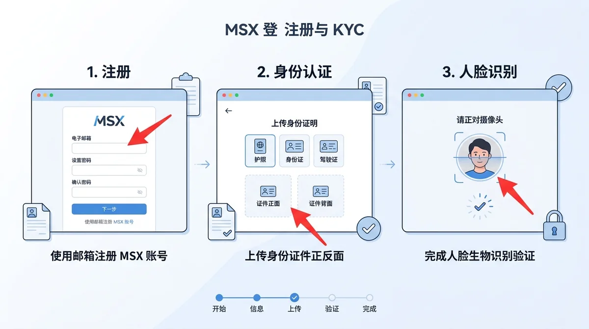 MSX注册与KYC流程截图：展示注册页面、身份认证上传界面，用红色箭头标注关键步骤（邮箱注册、证件上传、人脸识别）