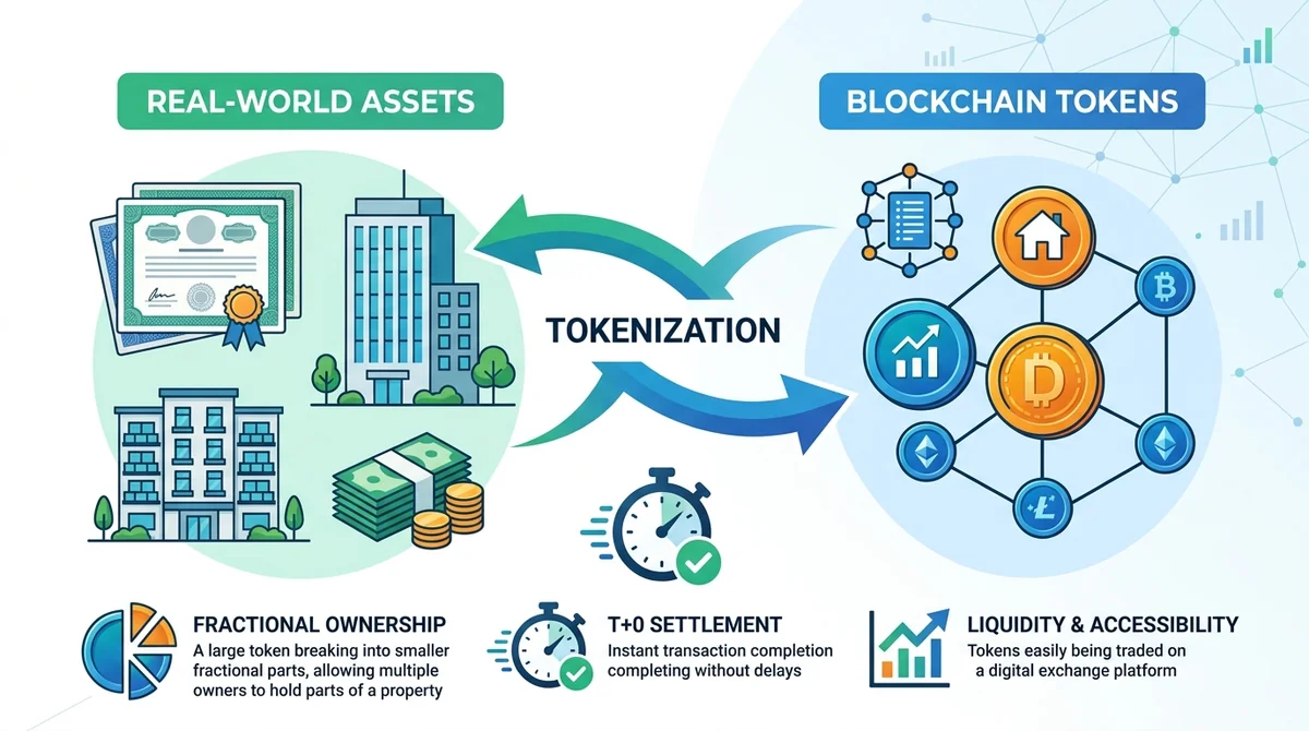 Wide 16:9 horizontal infographic, left side shows real-world assets (stock certificates, buildings), right side shows blockch