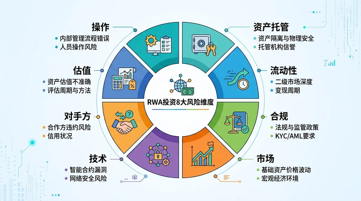 RWA投资8大风险维度信息图：以环形图展示资产托管、流动性、合规、市场、技术、对手方、估值、操作8个维度，每个维度配简短说明