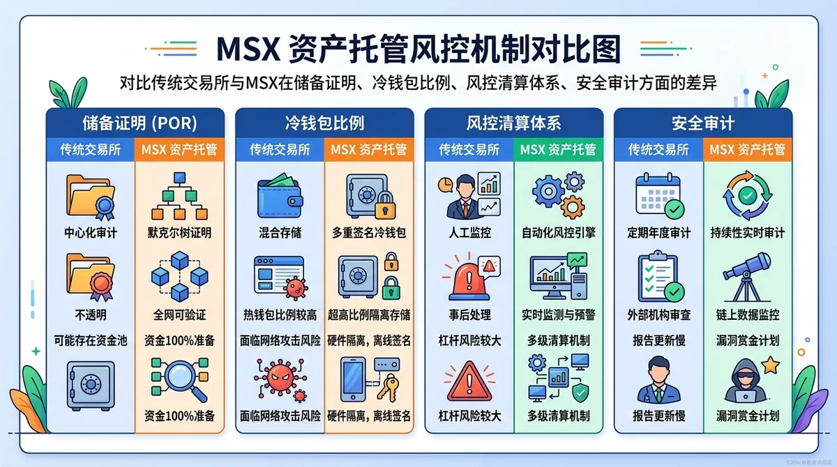 MSX资产托管风控机制对比图：对比传统交易所与MSX在储备证明、冷钱包比例、风控清算体系、安全审计方面的差异