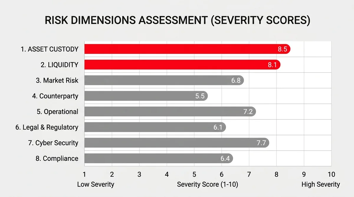 Wide 16:9 horizontal bar chart, 8 risk dimensions on y-axis with English labels, severity scores 1-10 on x-axis, asset custod