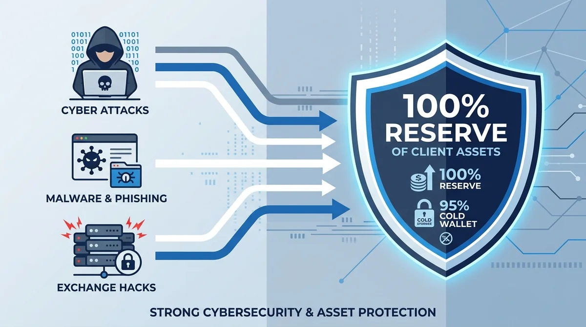 Wide 16:9 horizontal infographic, left side three threat icons labeled in English, right side a shield icon with '100% reserv